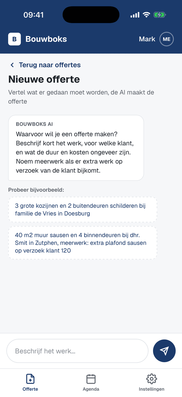 Het offertescherm van Bouwboks: een klus in gewone taal ingetypt, met de uitgerekende offerte eronder